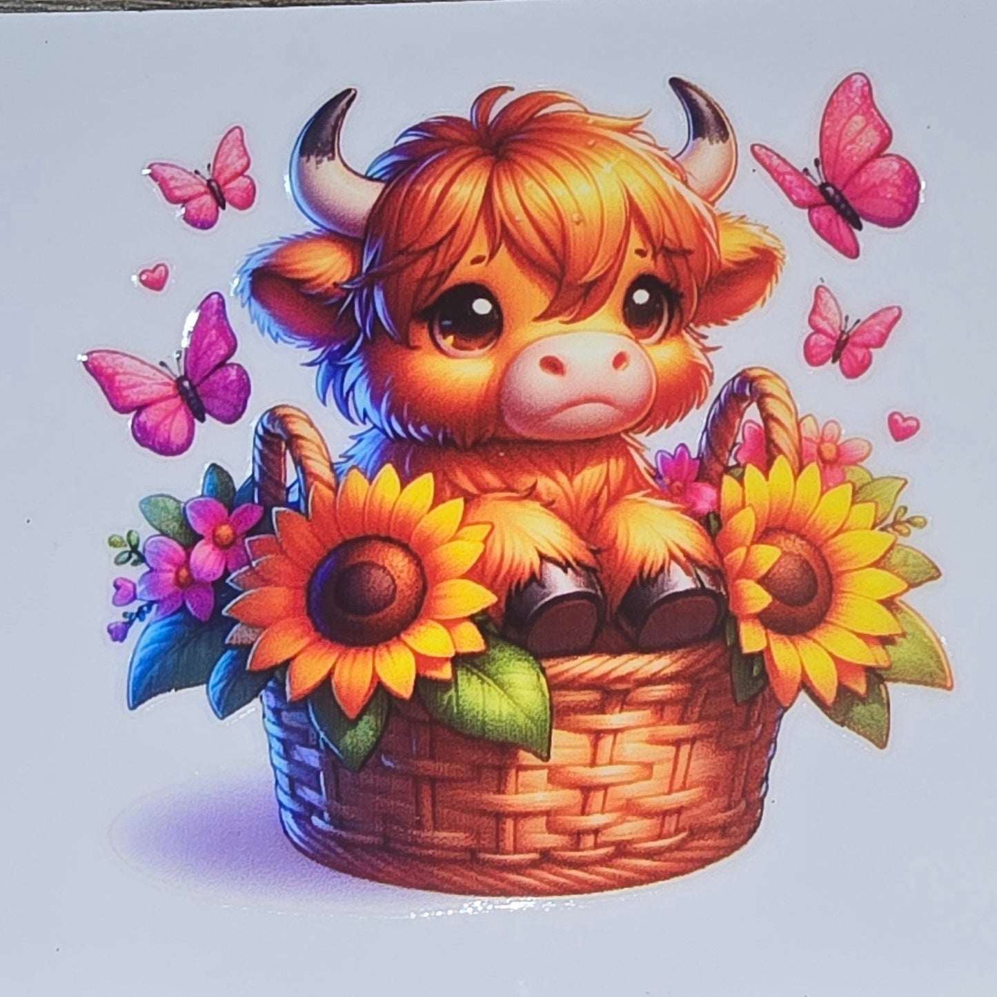 Sunflower fluffy cow medium clear UV DTF decal