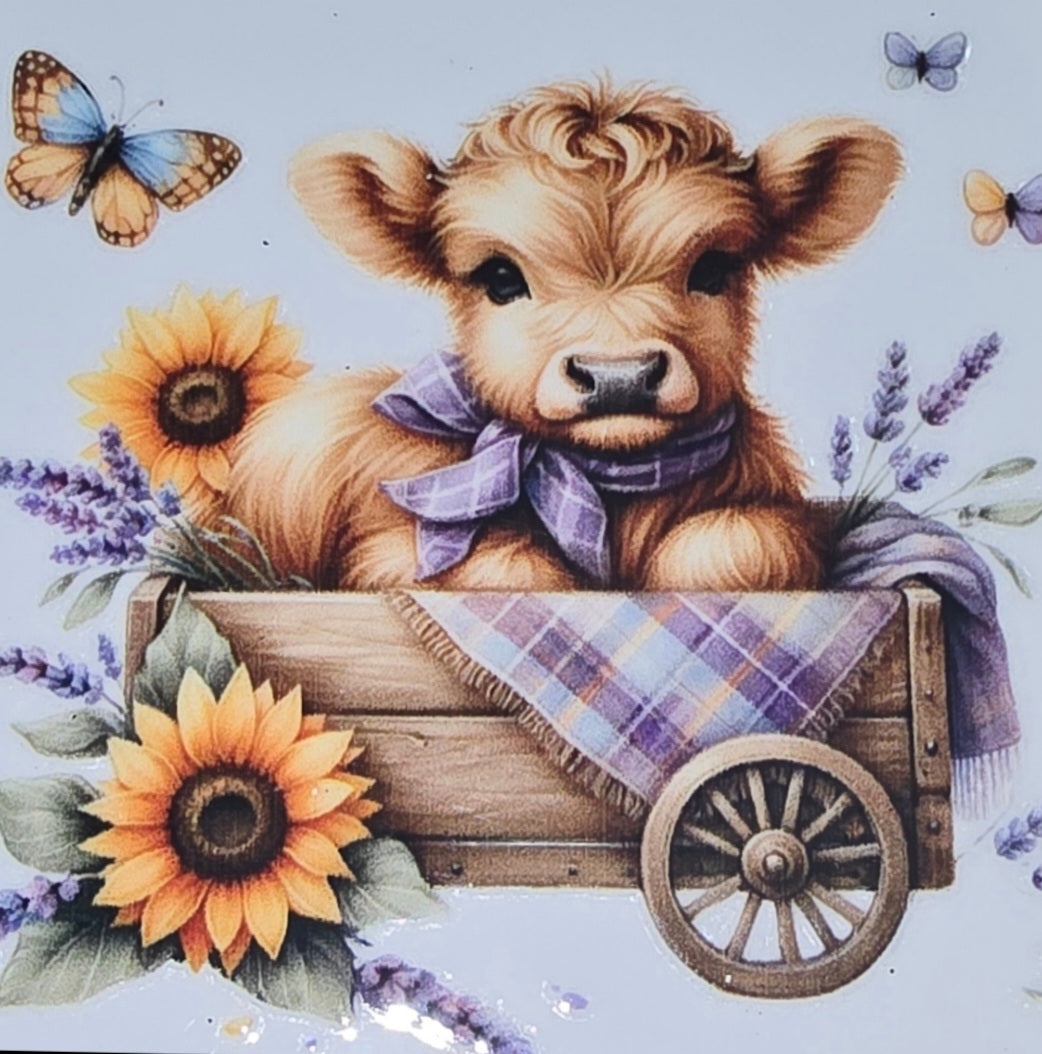 Sunflower fluffy cow medium clear UV DTF decal