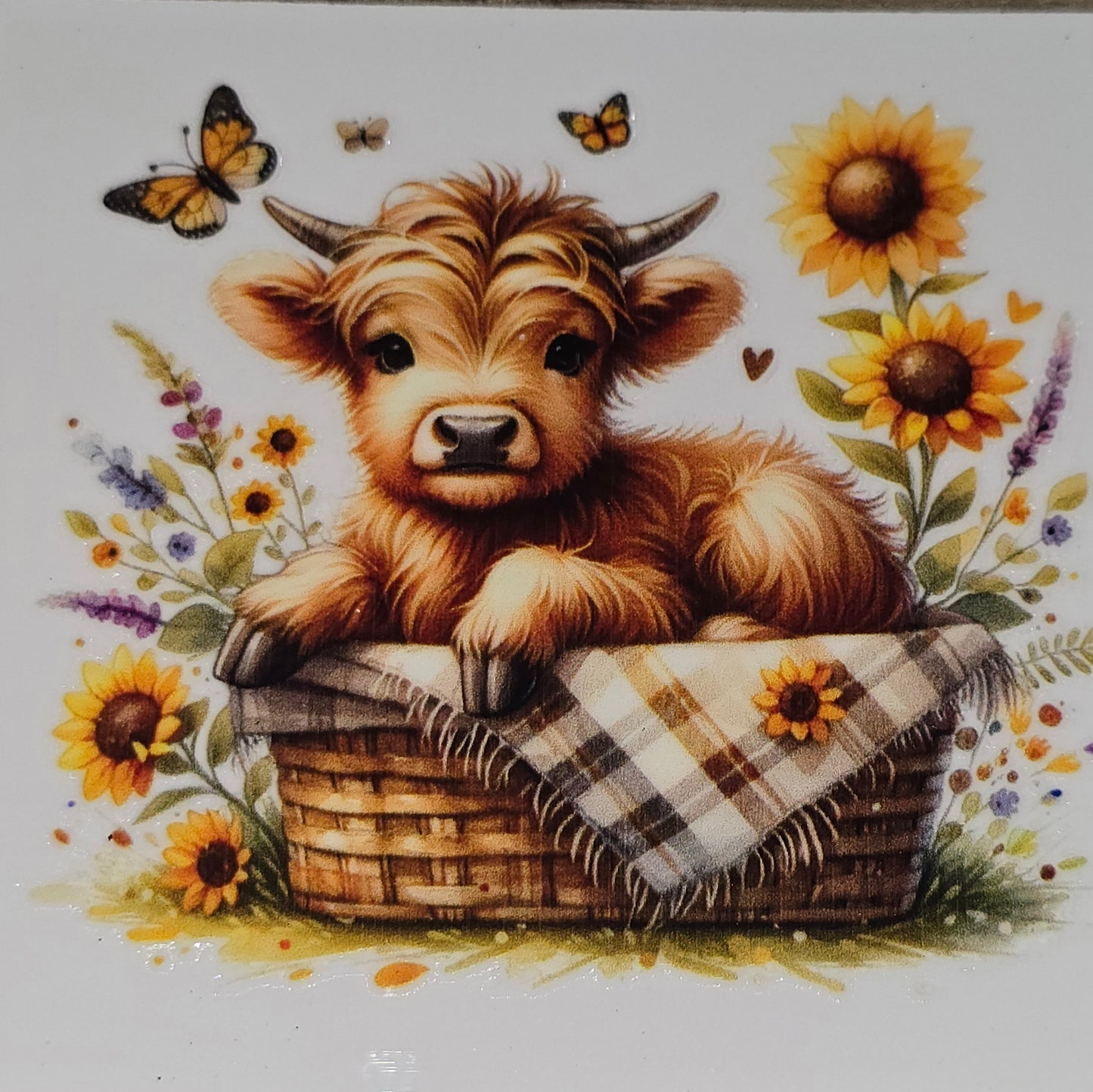 Sunflower fluffy cow medium clear UV DTF decal