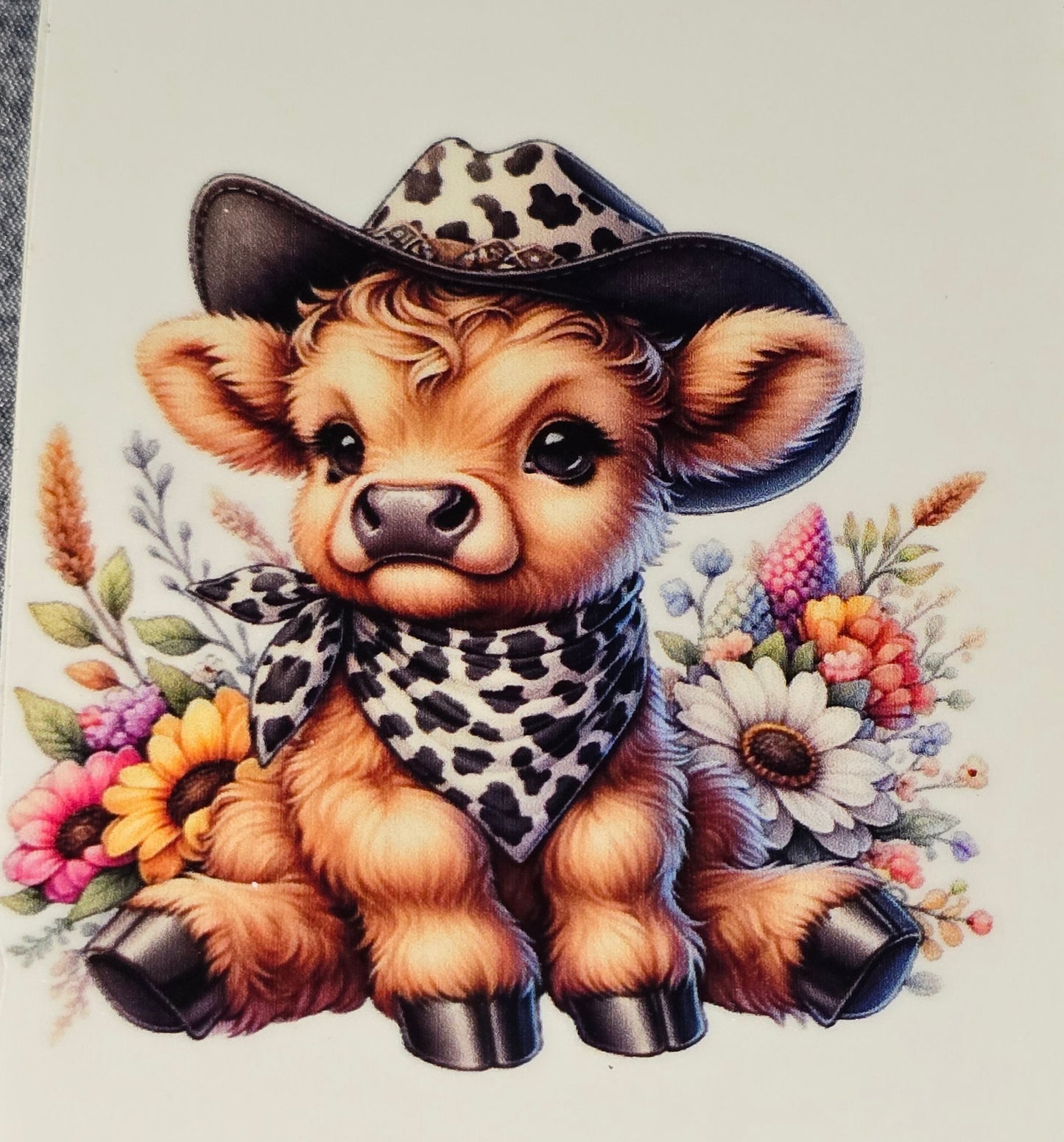 Sunflower fluffy cow medium clear UV DTF decal