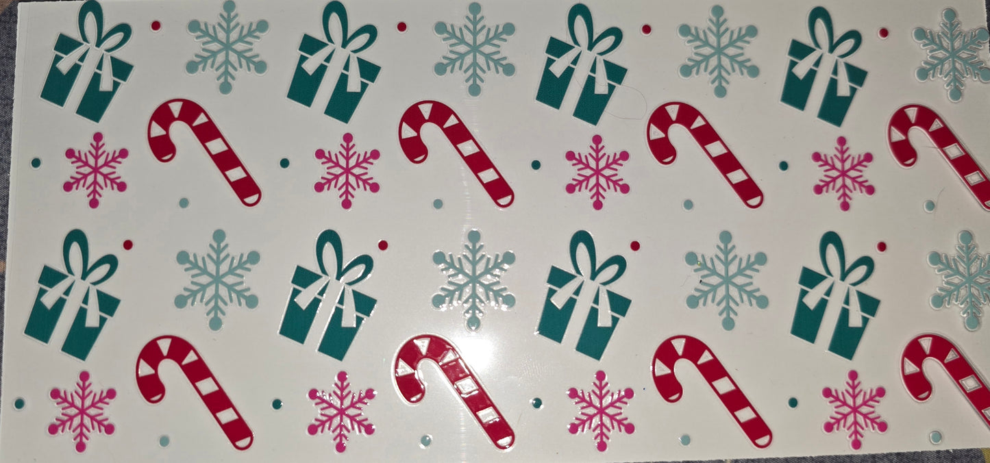 Presents, candy canes, and snow flakes Clear UV DTF wrap