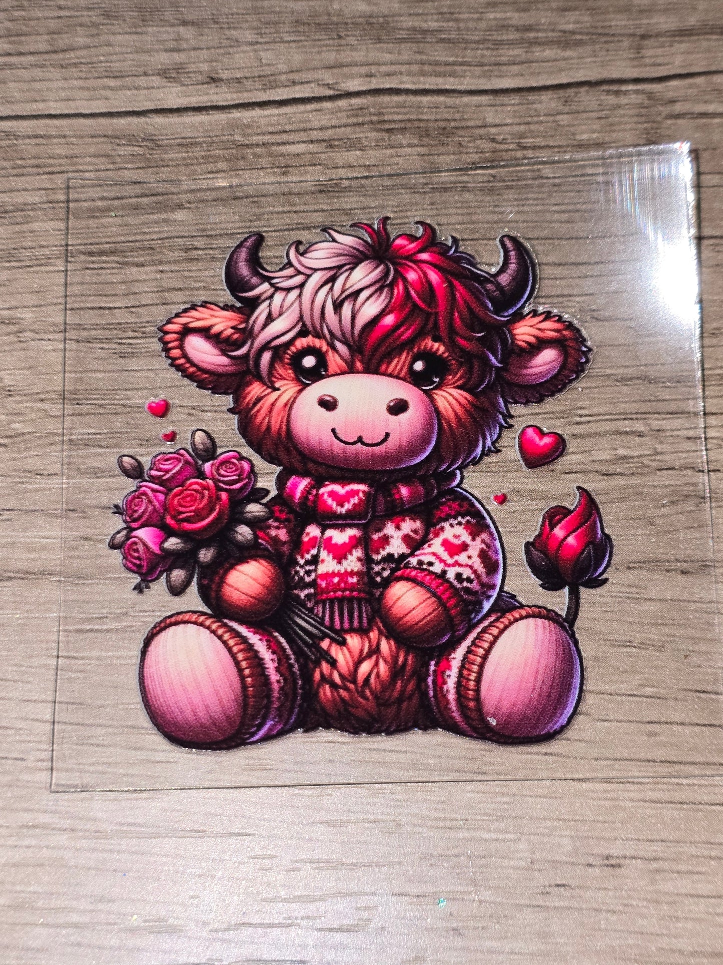 Valentine's hearts & roses fluffy cow clear UV DTF