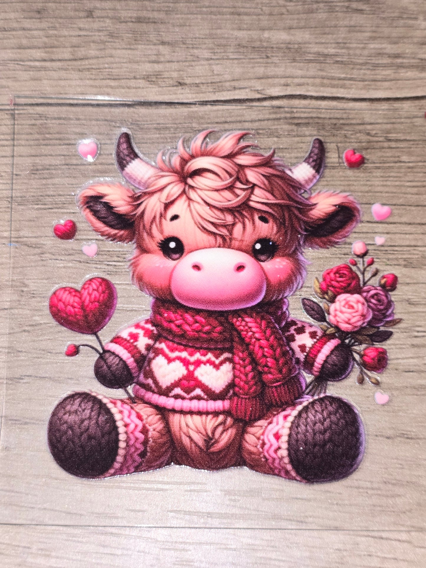Valentine's hearts & roses fluffy cow clear UV DTF
