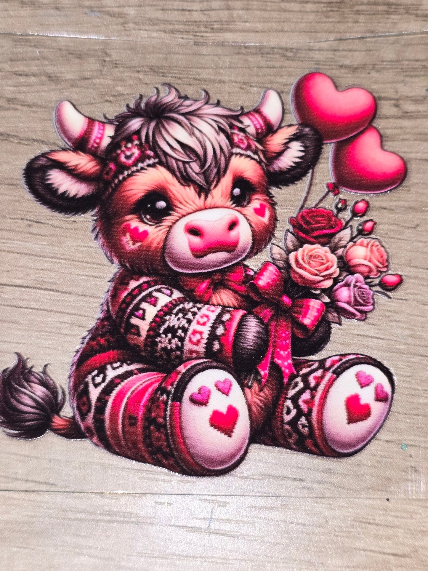Valentine's hearts & roses fluffy cow clear UV DTF