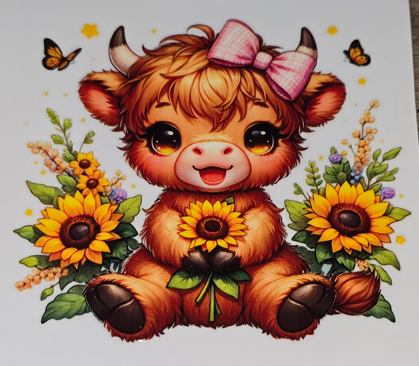 Small sunflower baby cow clear UV DTF decal