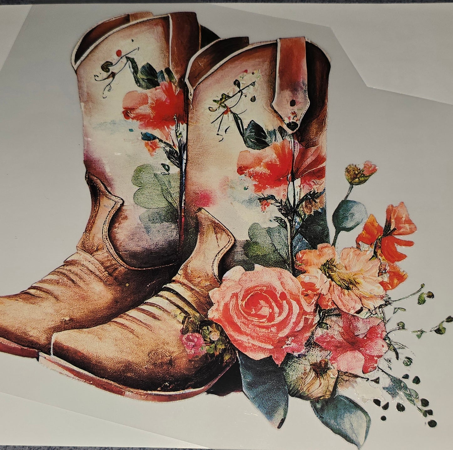 Floral cowboy boots large DTF iron on transfer