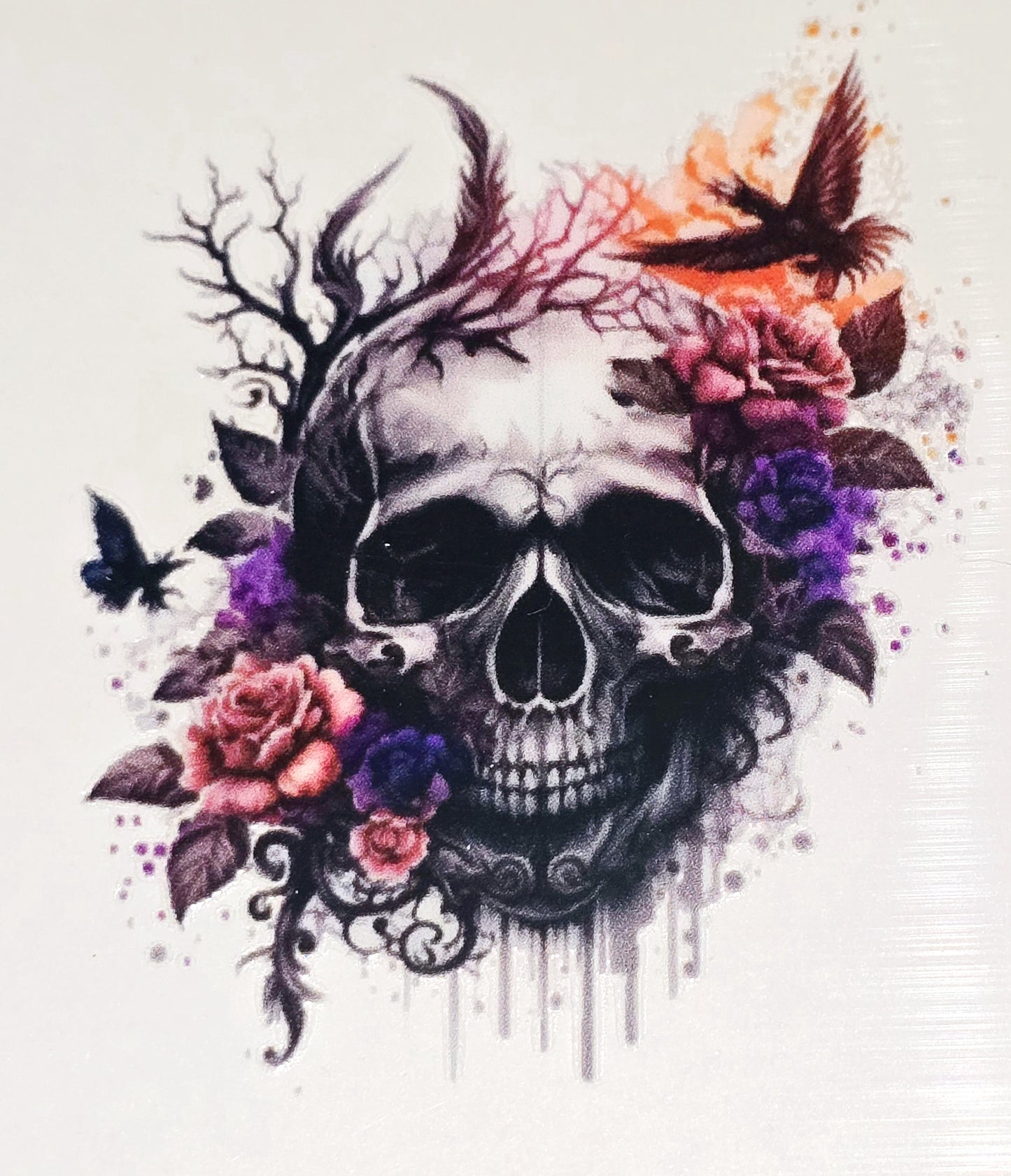 Floral skulls medium clear UV DTF