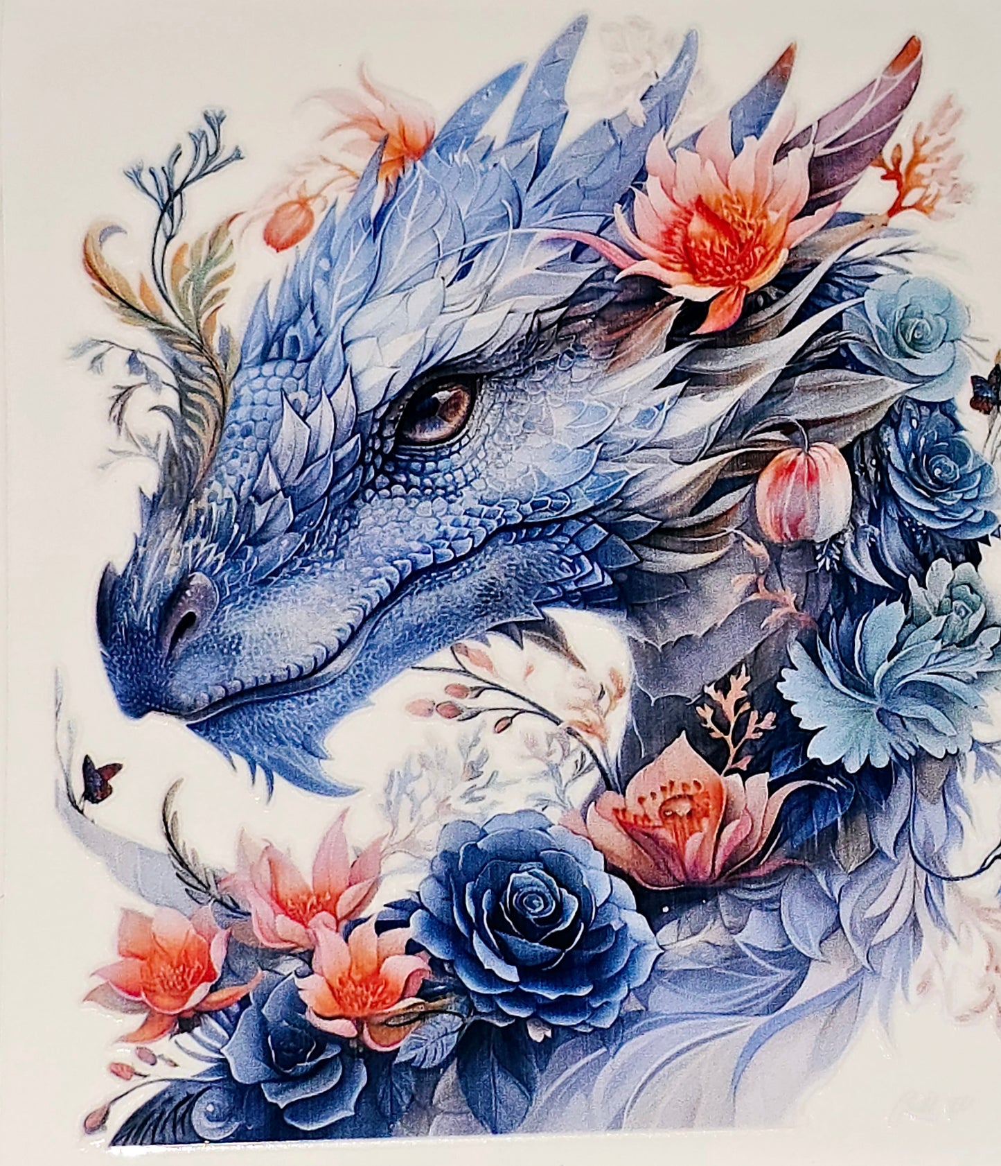 Blue and coral floral dragon xl clear UV DTF