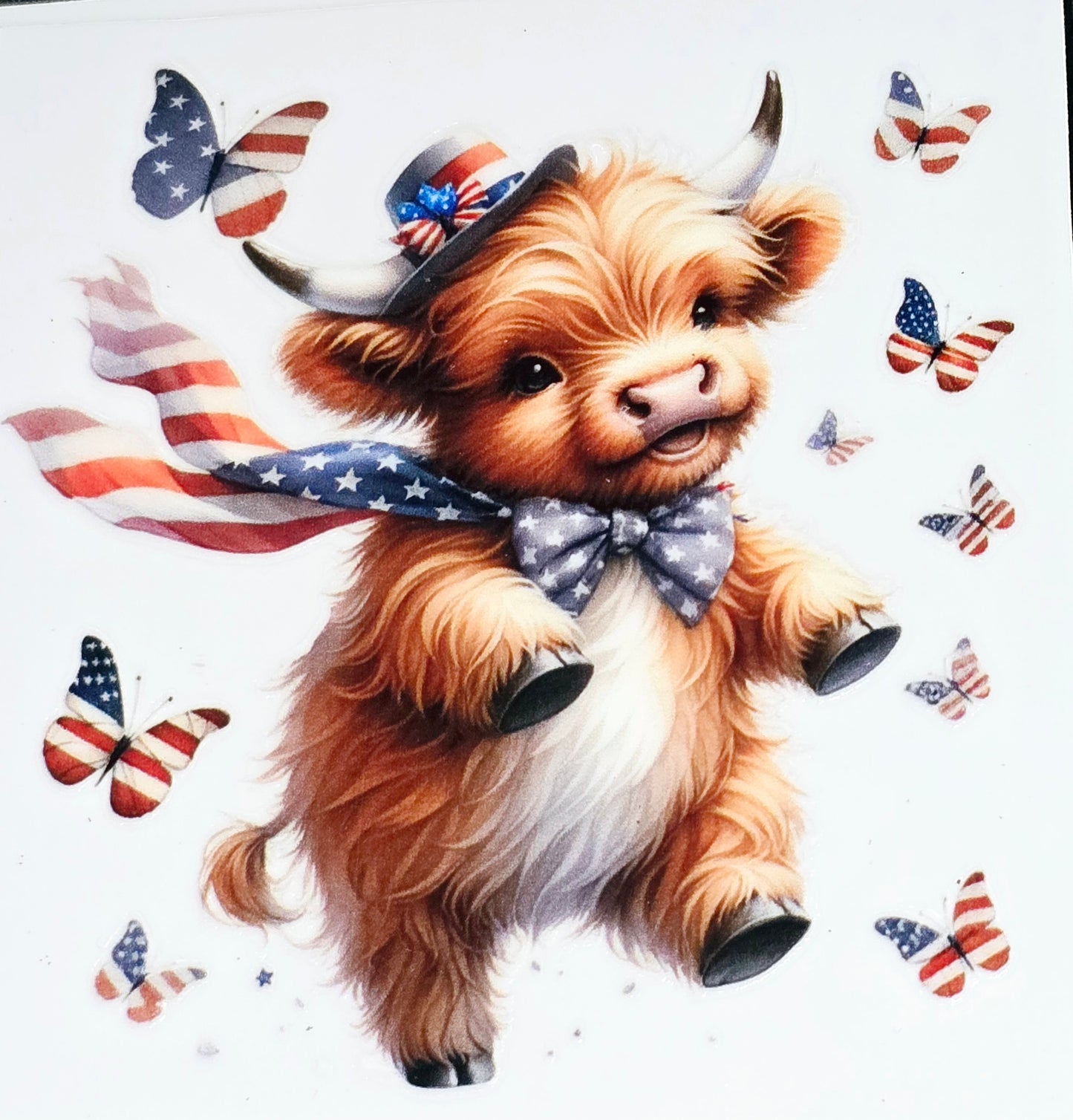 Patriotic fluffy cow medium clear UV DTF