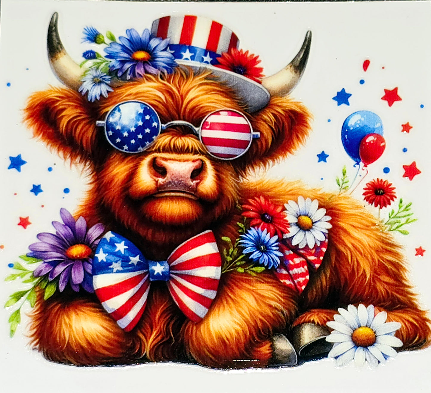 Patriotic fluffy cow medium clear UV DTF