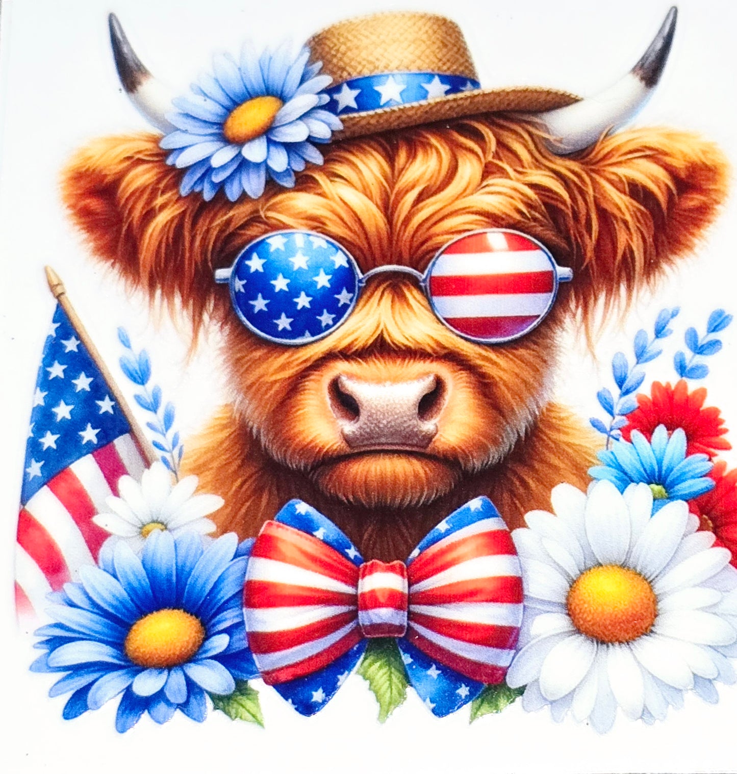Patriotic fluffy cow medium clear UV DTF