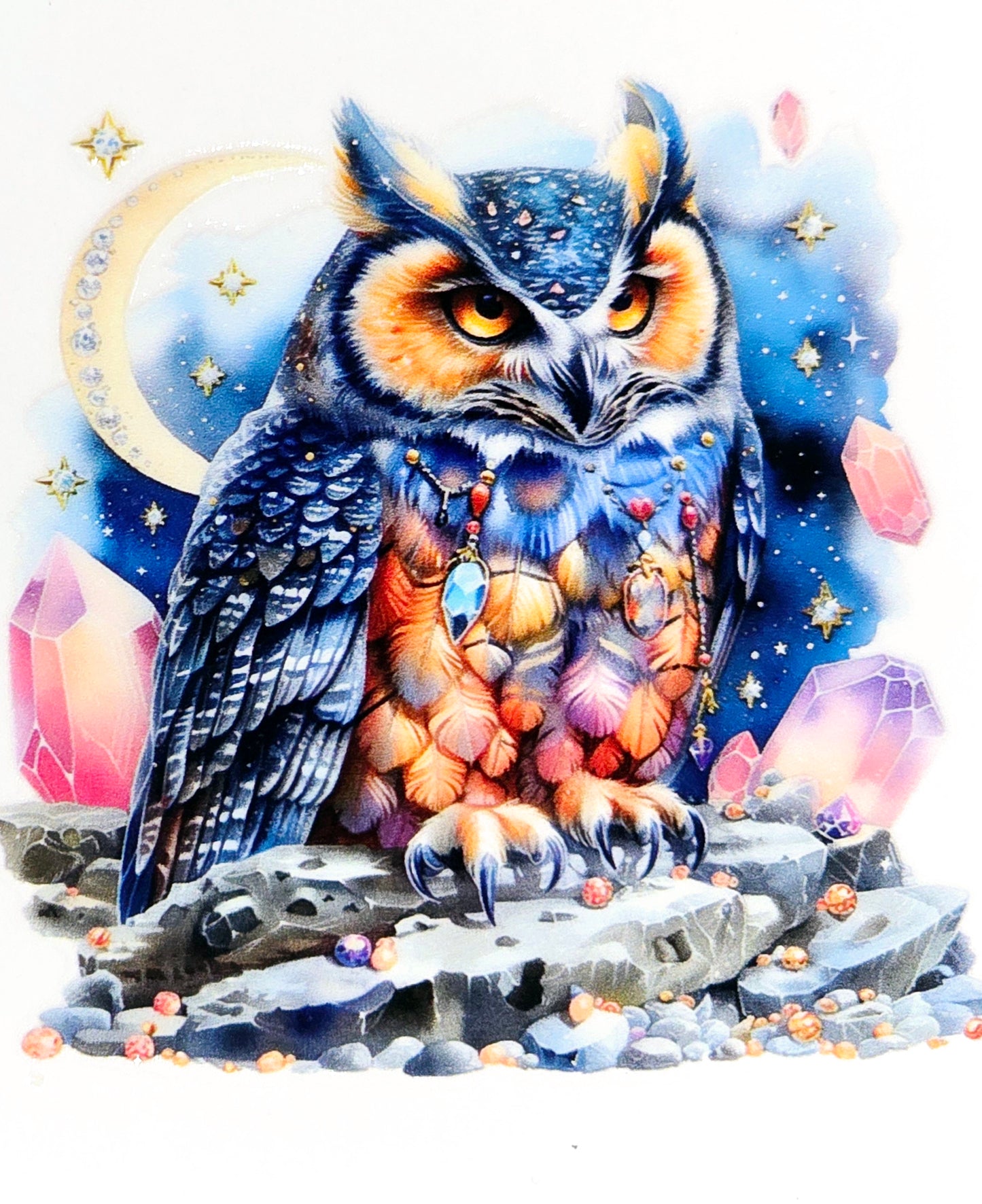 Midnight jeweled owls small clear UV DTF