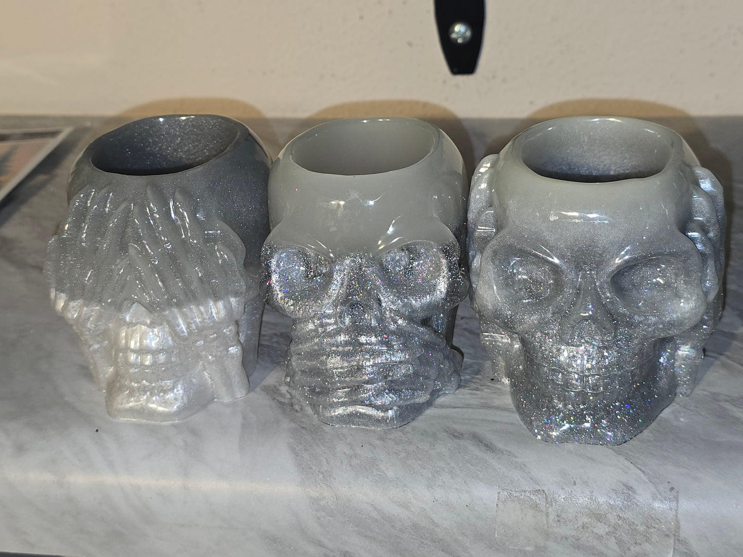 Set of 3 skulls epoxy resin figurines