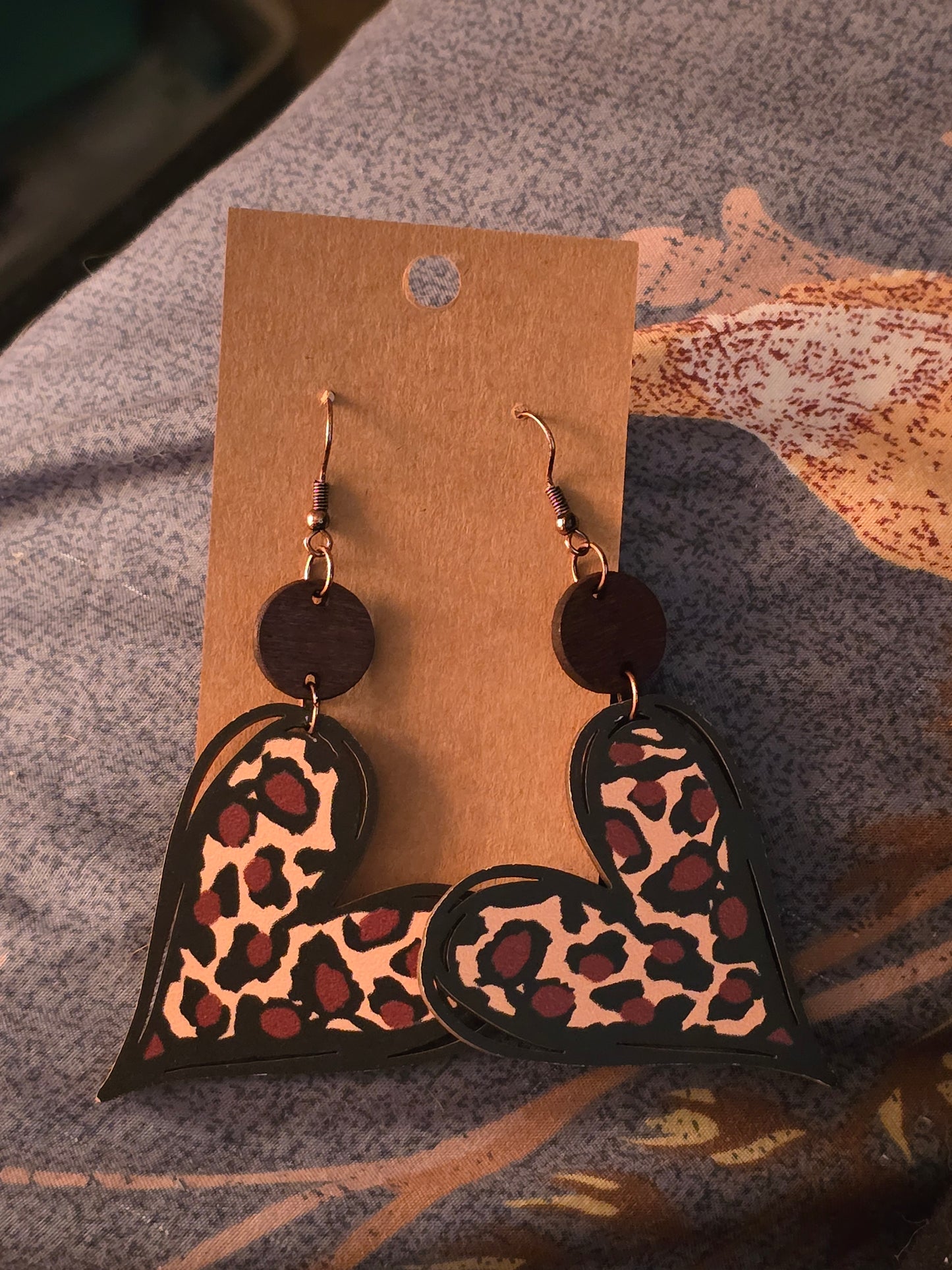 Wooden leopard heart earrings