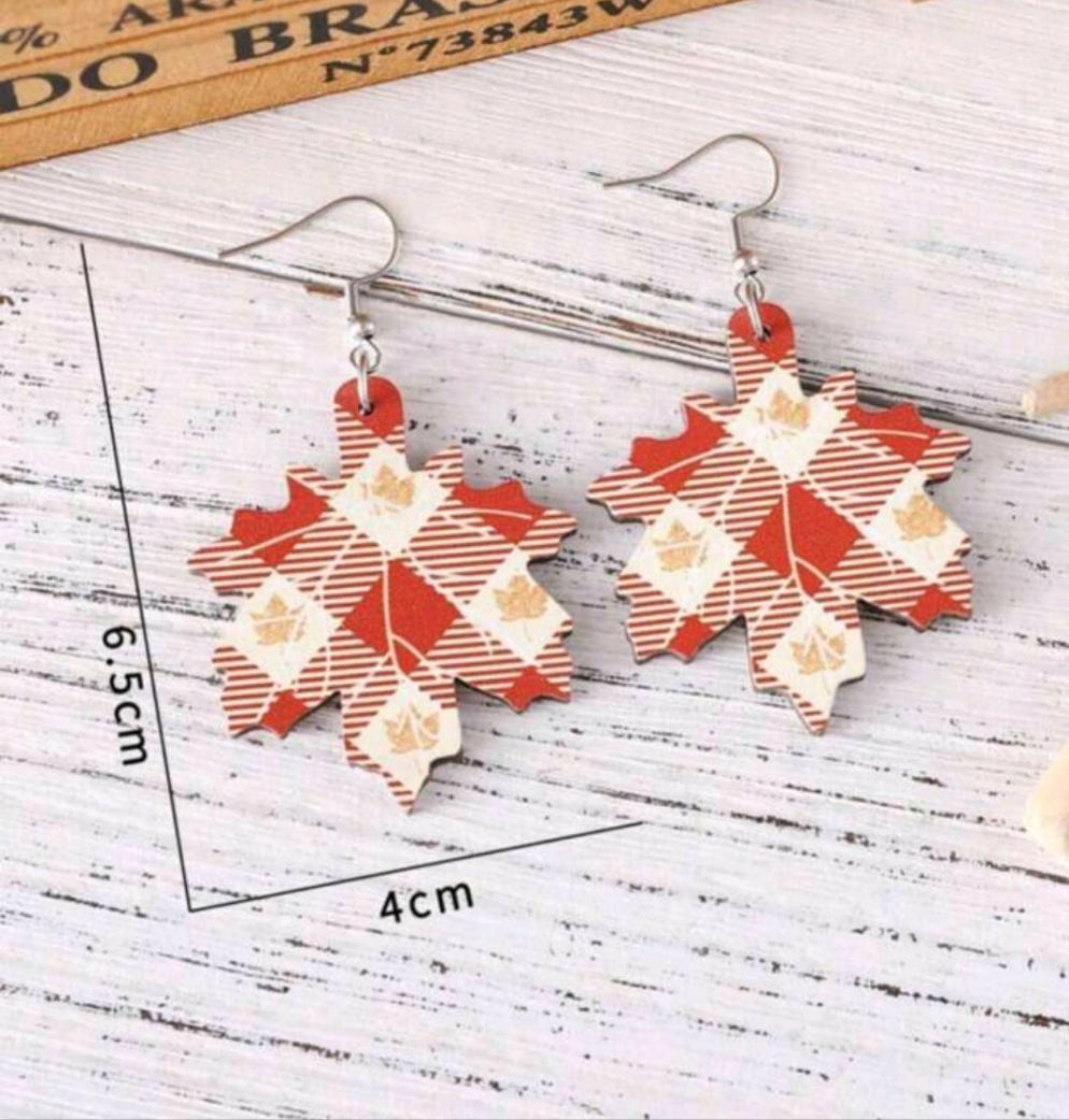 Fall leaves checkered wood earrings