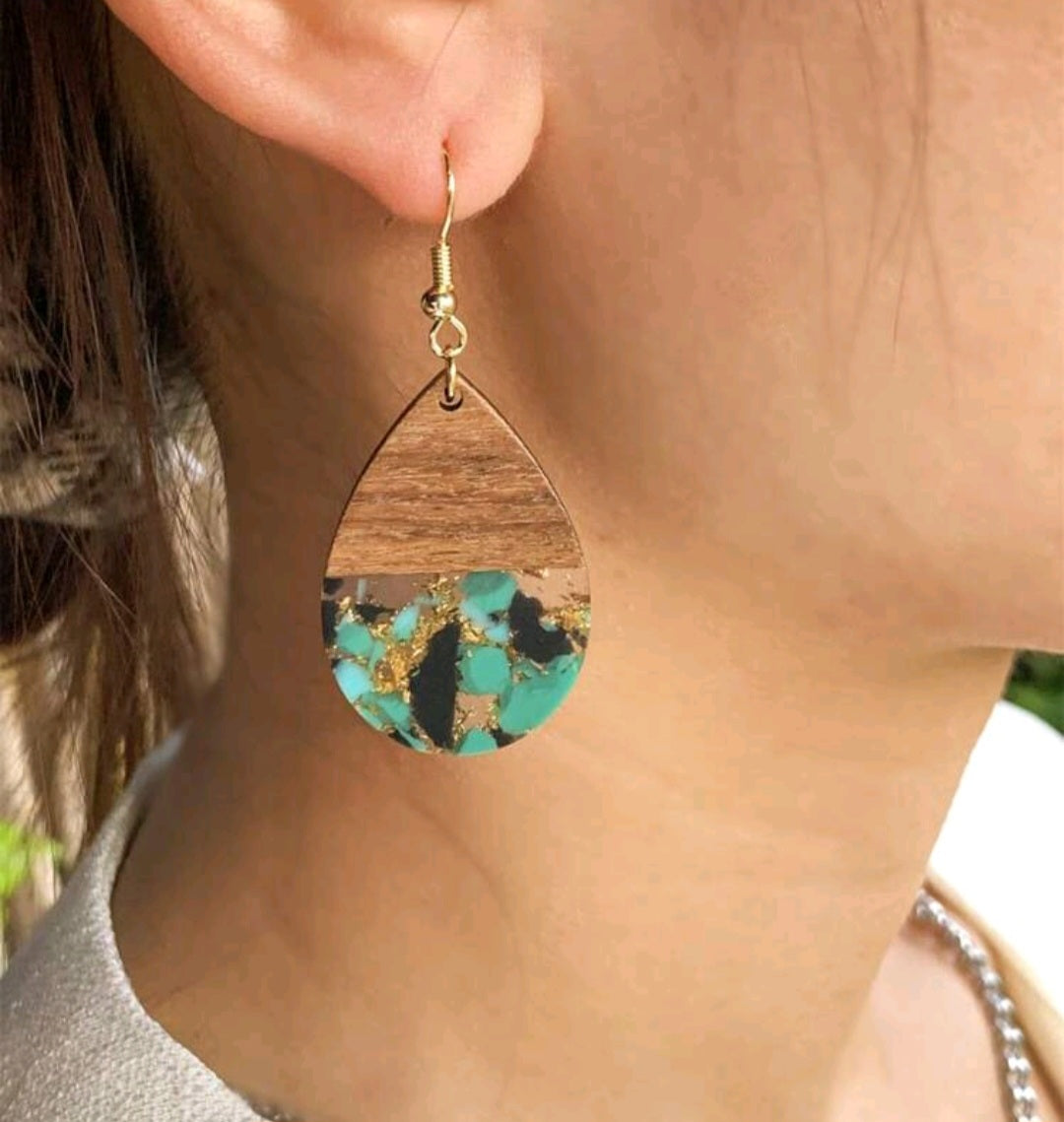 Natural Wood Green Foil Inlay water drop Resin Dangle Earrings