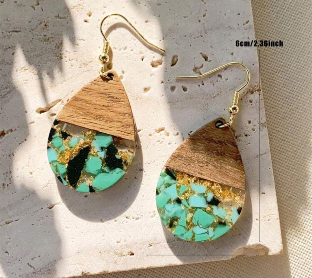 Natural Wood Green Foil Inlay water drop Resin Dangle Earrings