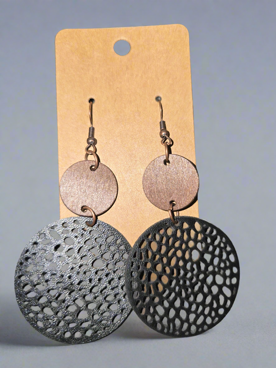Cut out wood and faux leather earrings