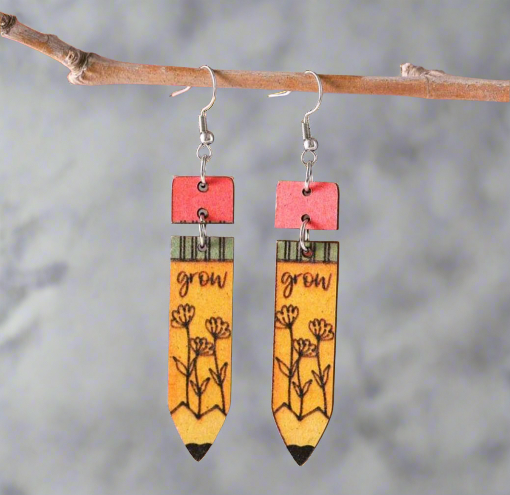 "Grow" in learning & love teacher pencil earrings