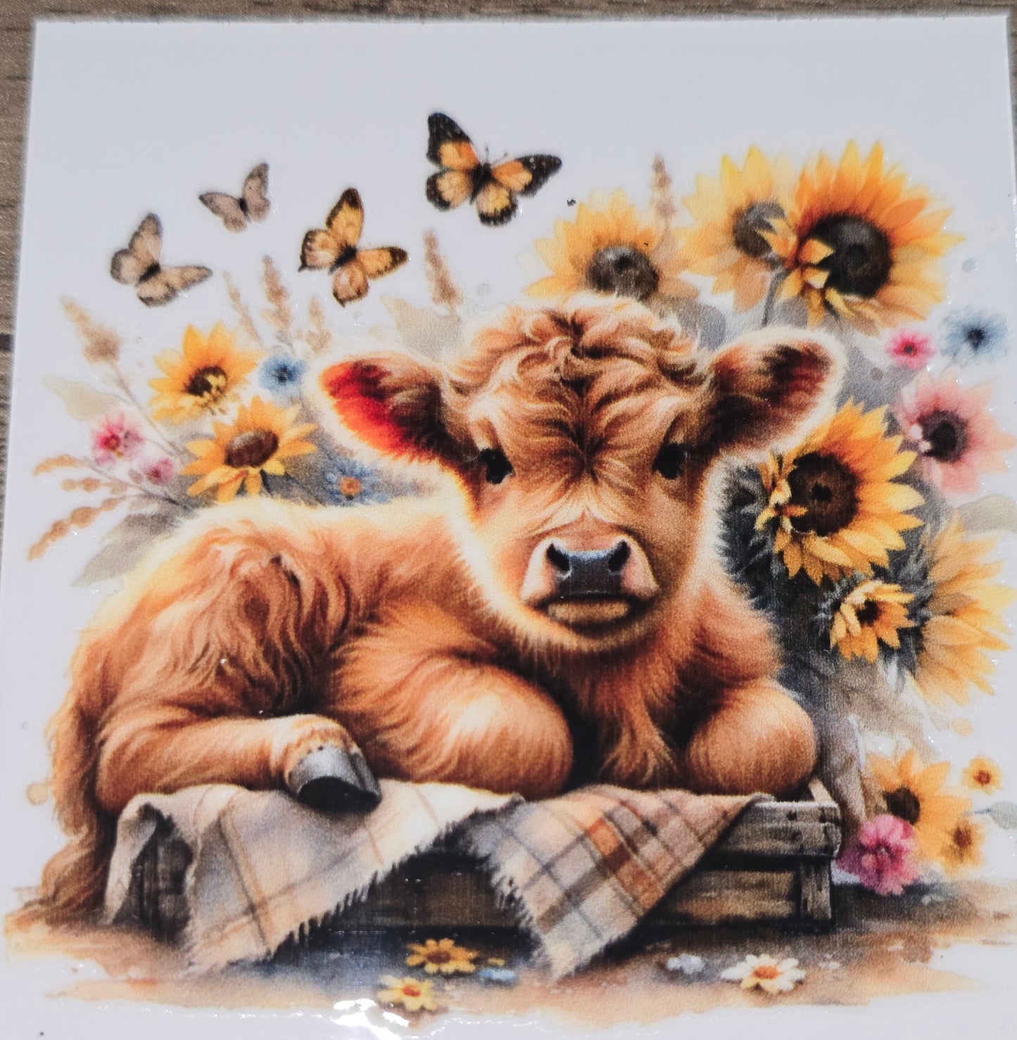 Sunflower fluffy cow medium clear UV DTF decal