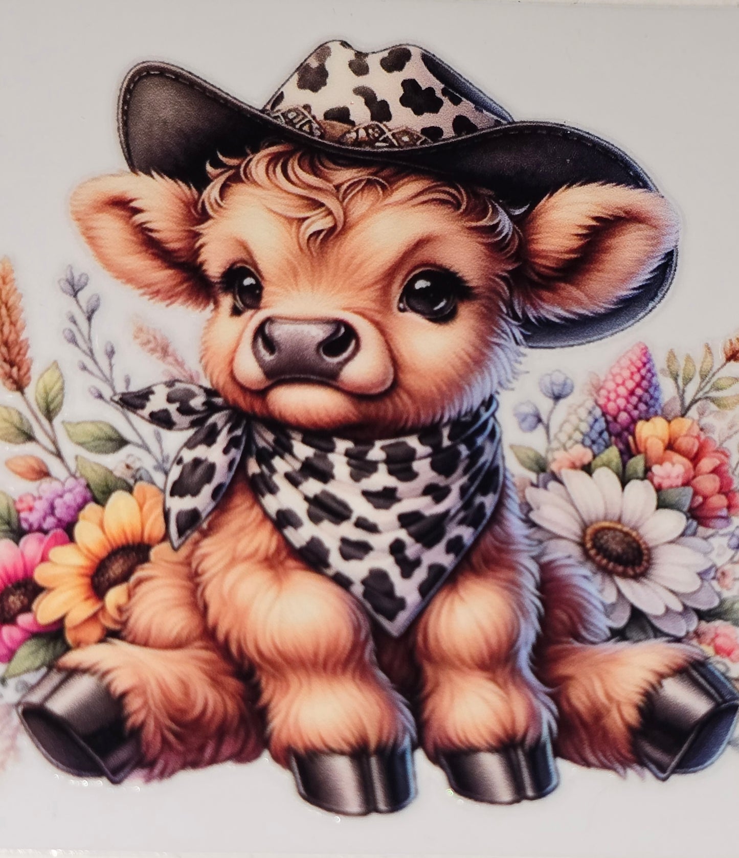 M23 Sunflower fluffy cow medium clear UV DTF decal