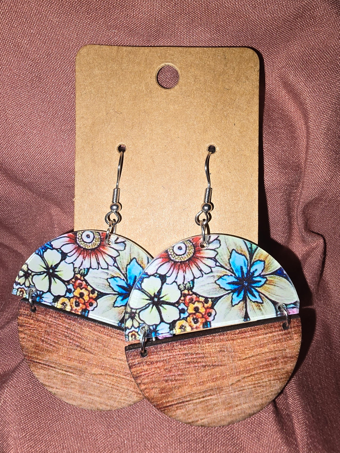 Wood and floral acrylic resin round earrings