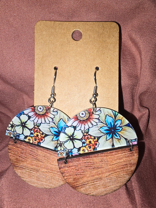 Wood and floral acrylic resin round earrings