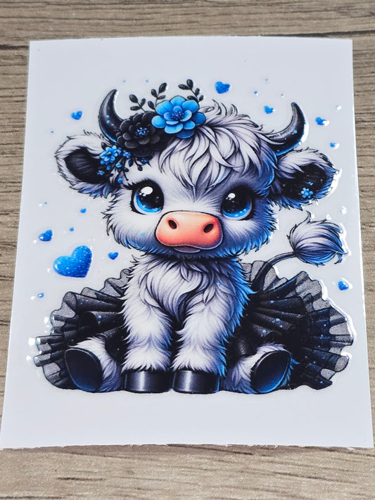 Blanca black & blue tu-tu cow medium clear UV DTF decal