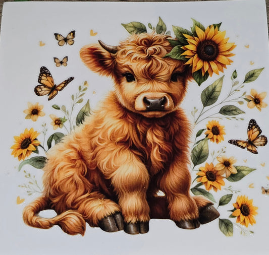 Sunflower & butterflies baby cow xl clear UV DTF decal