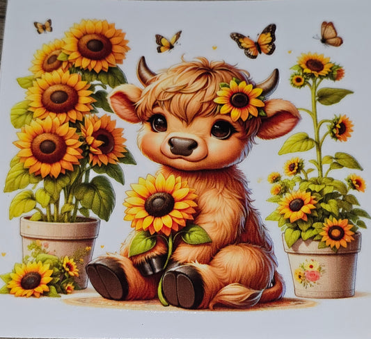 Potted sunflowers baby cow small clear UV DTF decal