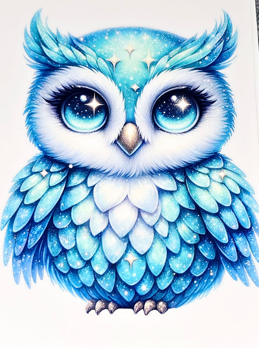 Aquamarine owl medium clear UV DTF decal