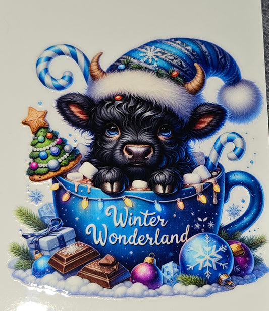 Winter wonderland fluffy cow medium clear UV DTF decal