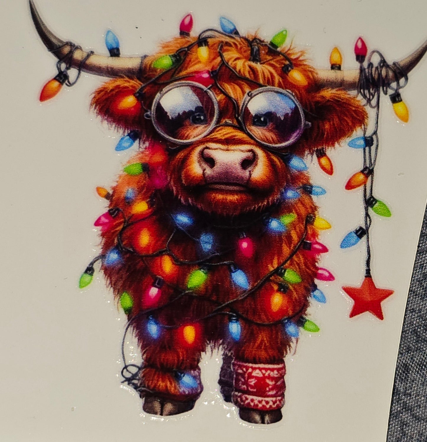 Christmas lights fluffy cows medium clear UV DTF