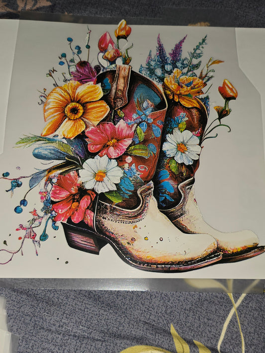Floral cowboy boots Large DTF iron on