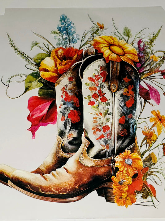 Floral cowboy boots large iron on transfer