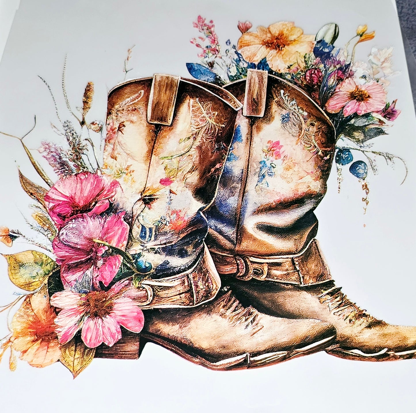 Floral cowboy boots large iron on transfer