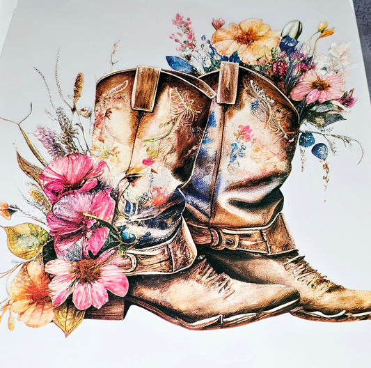 Floral cowboy boots large iron on transfer