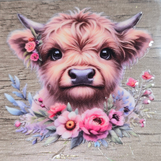 Small floral fluffy cow 1 clear UV DTF decal