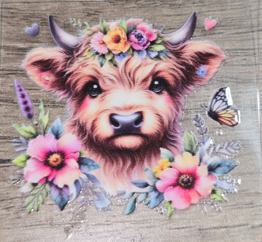 Small floral fluffy cow 2 clear UV DTF decal