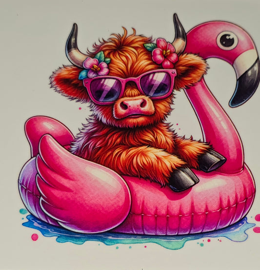 Pink flamingo fluffy cow large clear UV DTF decal