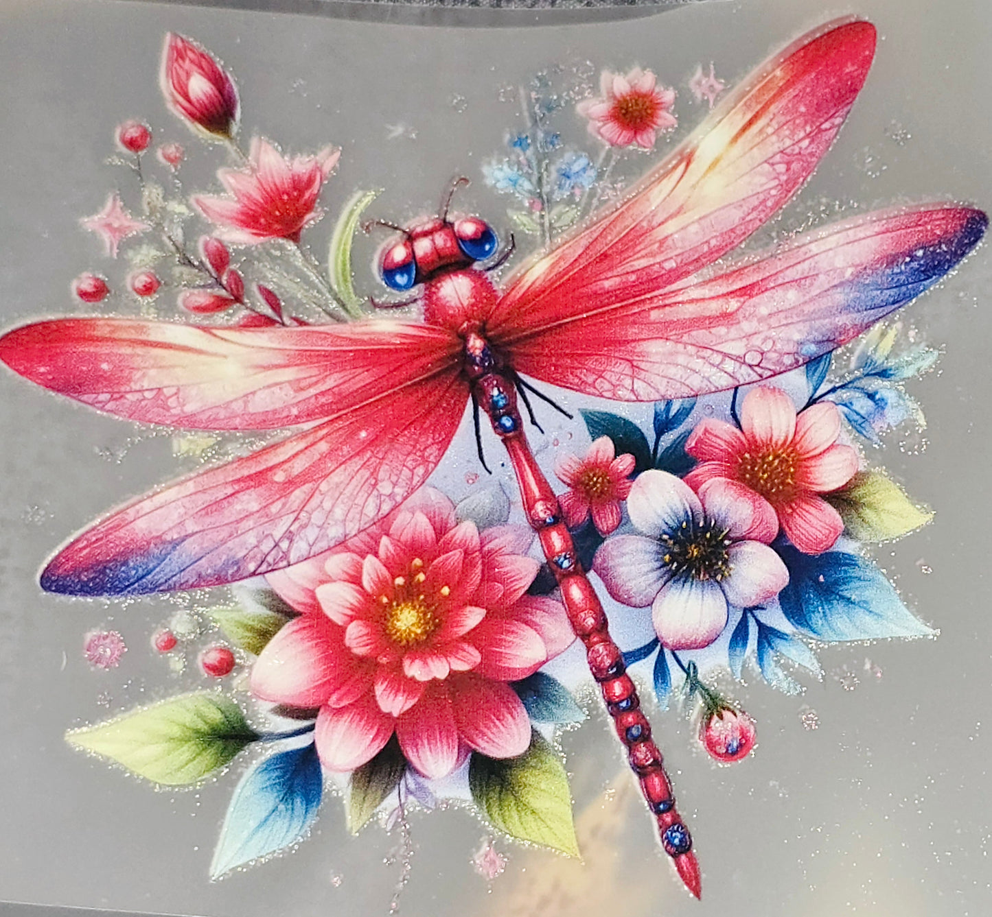 Dragonfly floral medium clear DTF iron on transfer