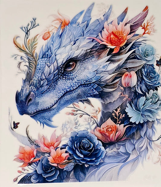 Blue and coral floral dragon xl clear UV DTF