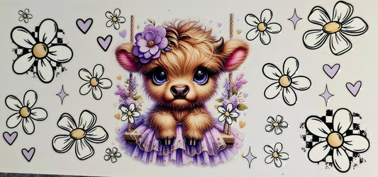 Purple fluffy cow 16 oz clear UV DTF decal wrap