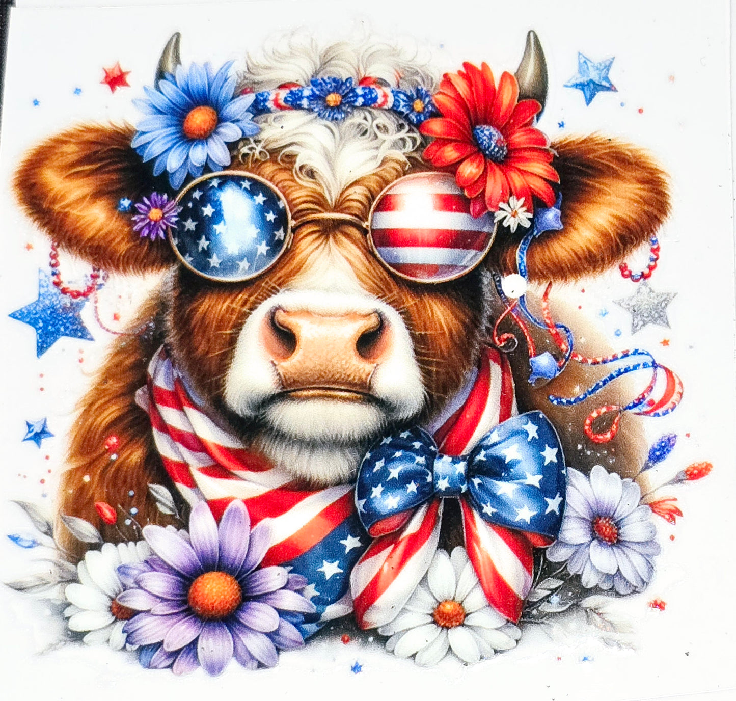 Patriotic fluffy cow medium clear UV DTF