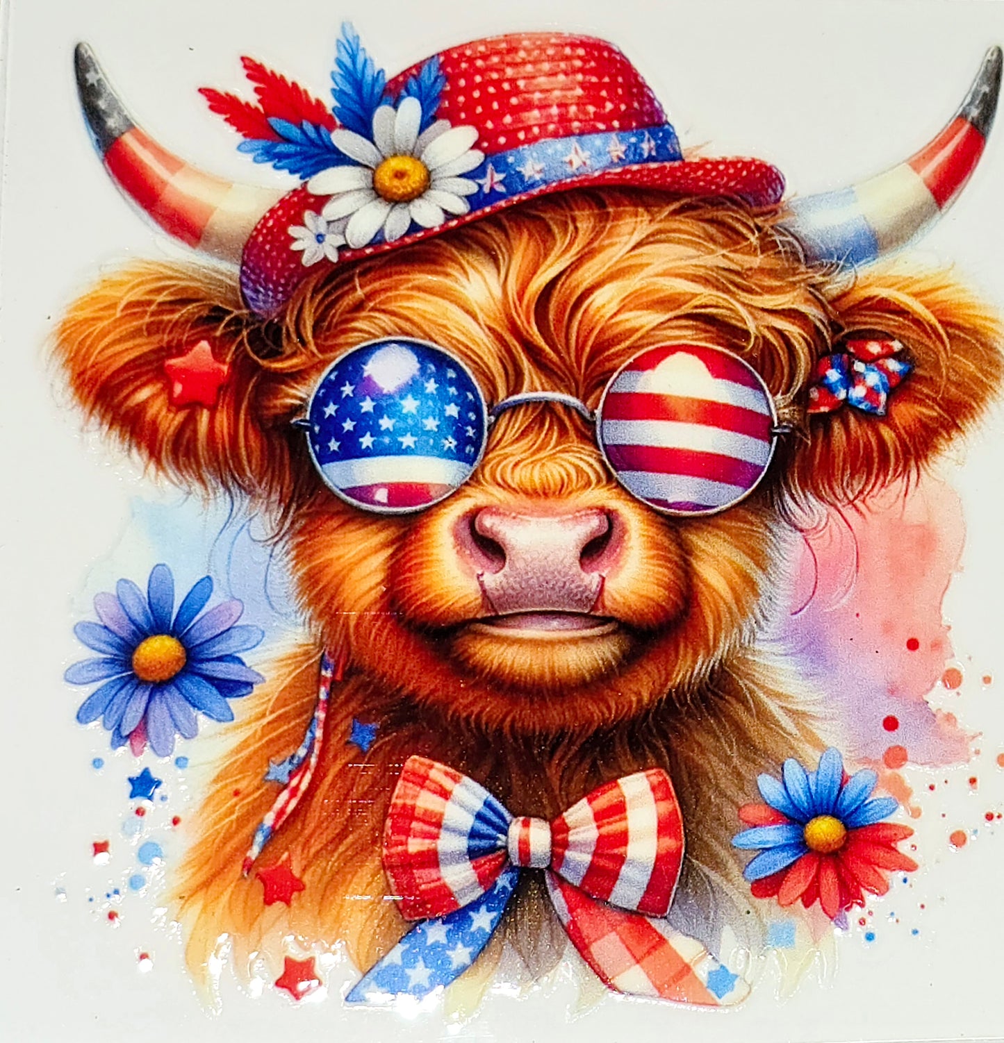 Patriotic fluffy cow medium clear UV DTF