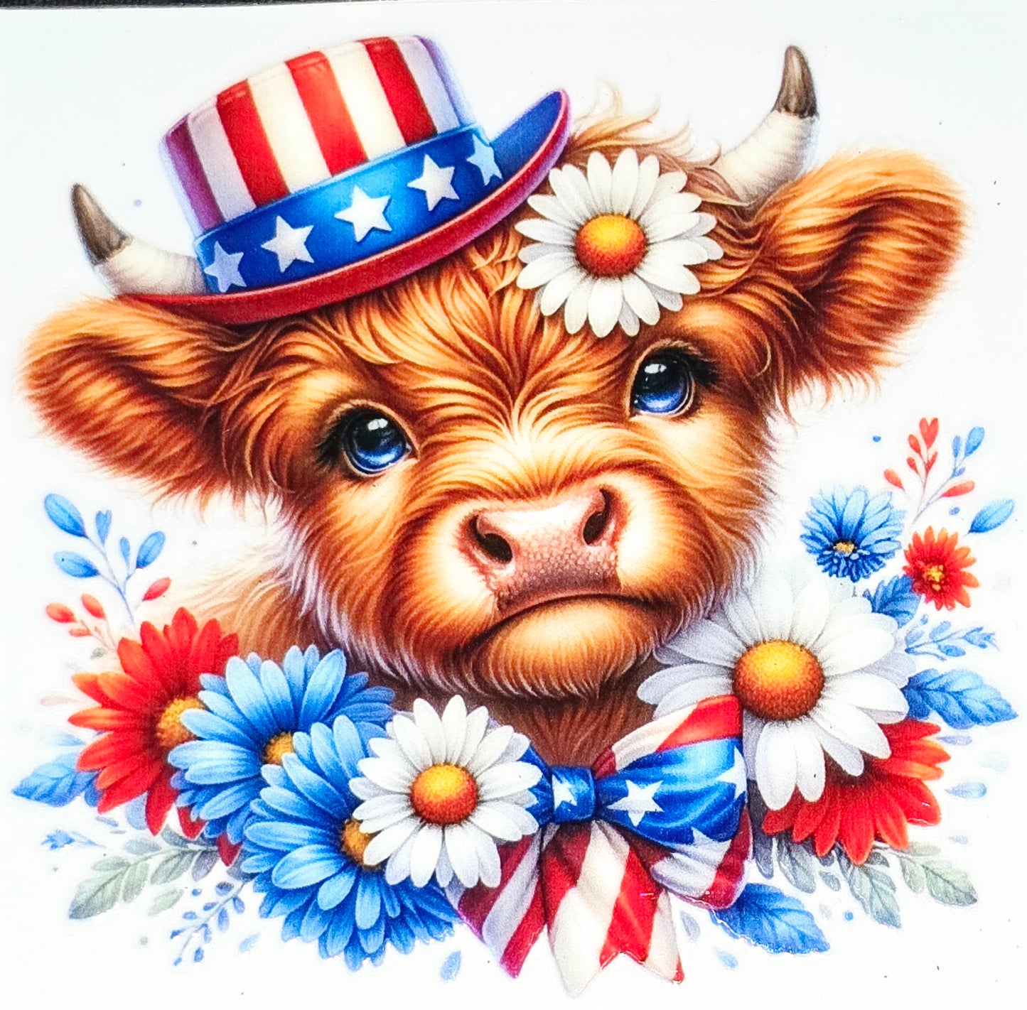 Patriotic fluffy cow medium clear UV DTF