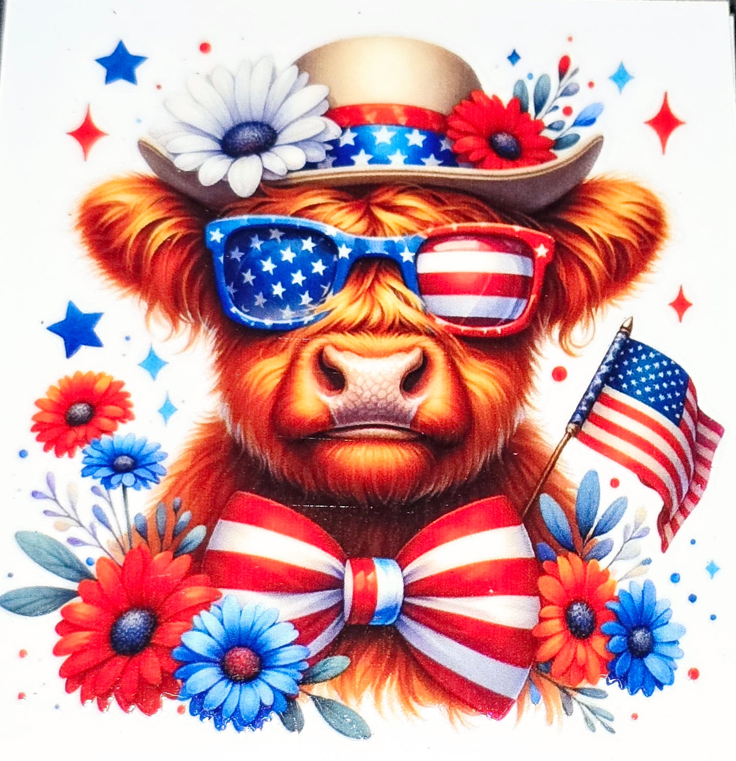 Patriotic fluffy cow medium clear UV DTF