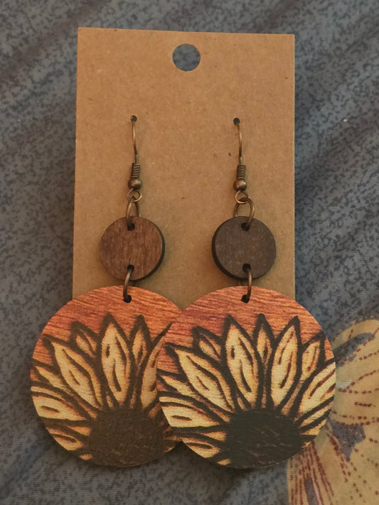 Sunflower wooden circle earrings