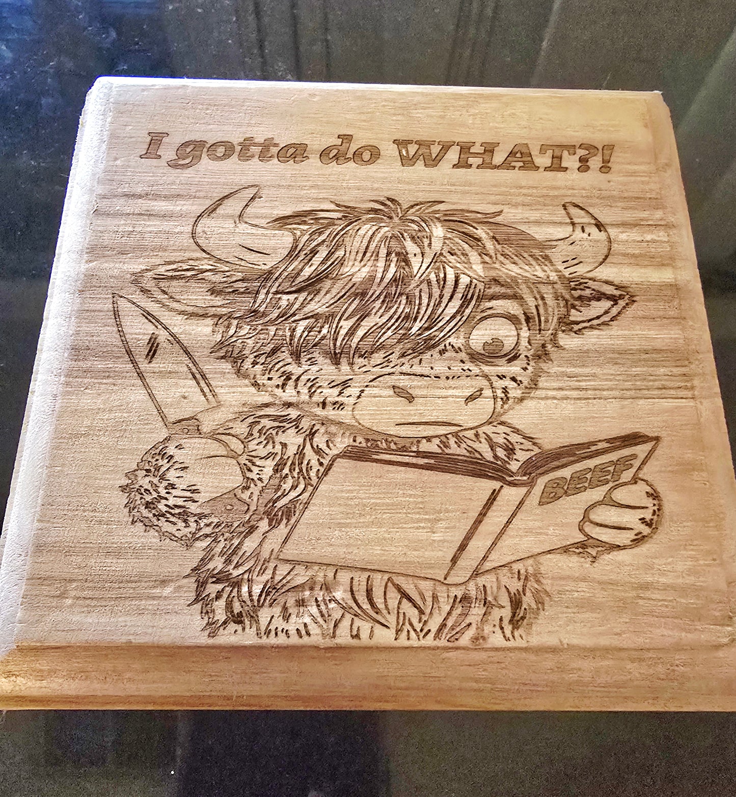 Fluffy cow wooden engraved trivet