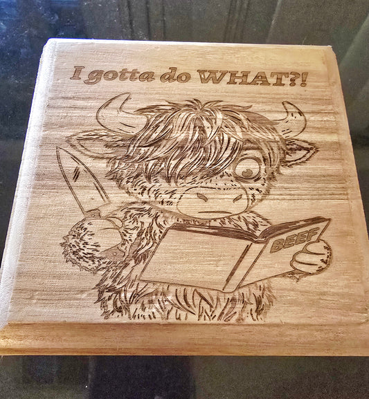 Fluffy cow wooden engraved trivet